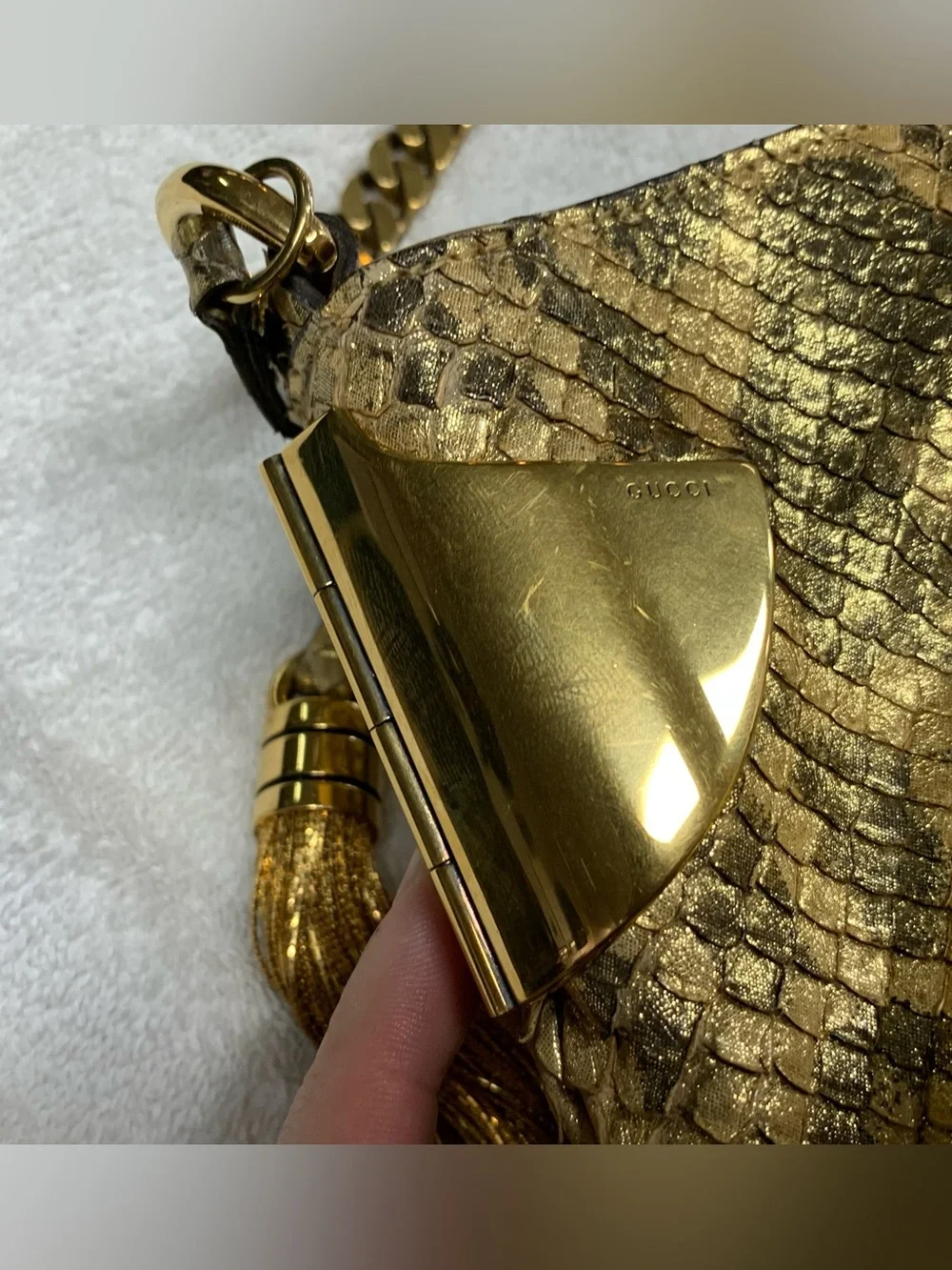 Gucci 1970 Gold Anaconda Snakeskin Tassel Chain Medium Hobo Bag